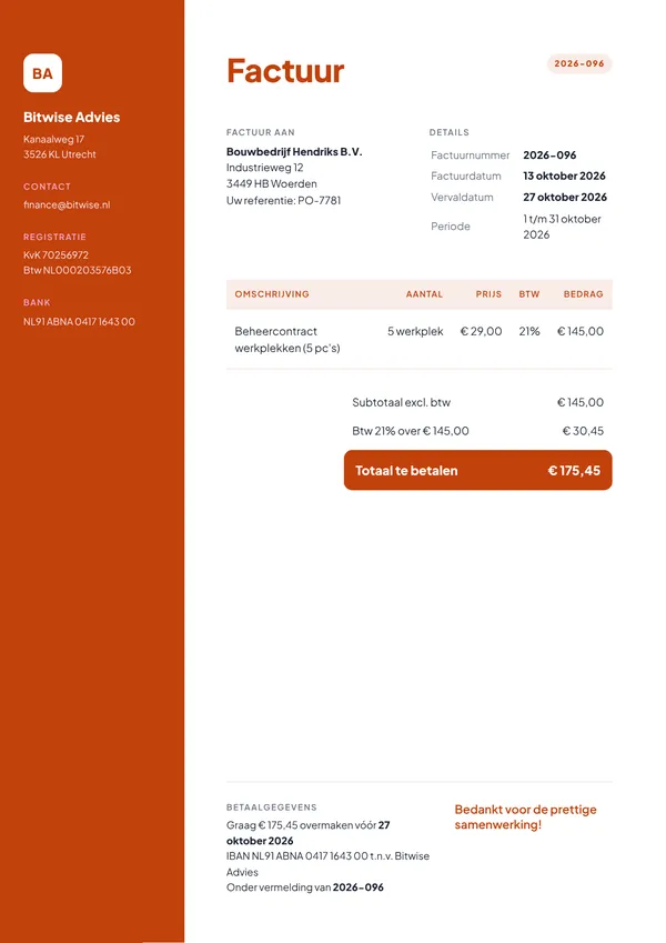 Voorbeeld abonnementsfactuur van een IT-consultant met een vaste maandprijs, abonnementsperiode en 21% btw