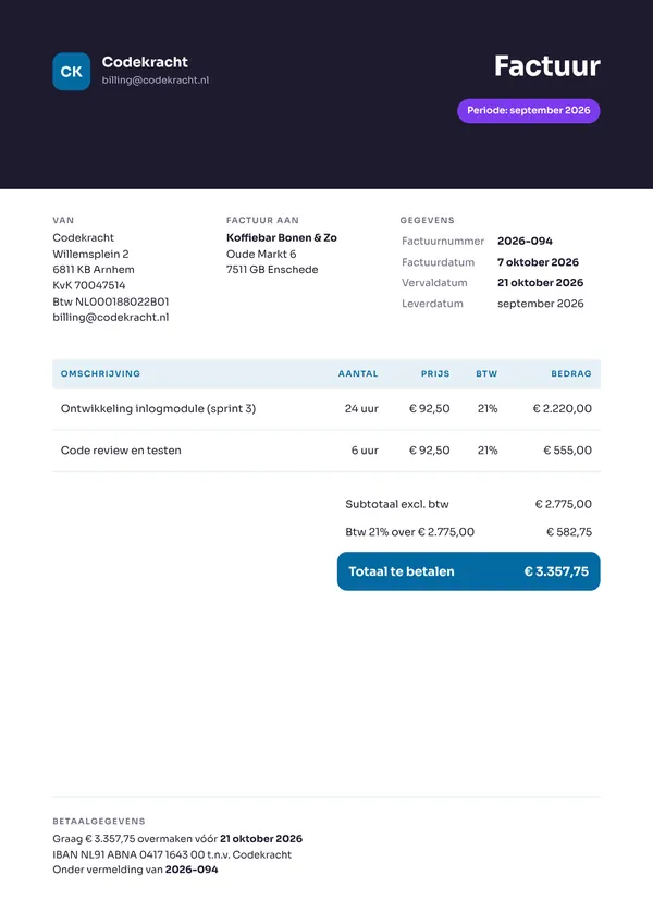 Voorbeeld factuur van een app-ontwikkelaar met gewerkte uren tegen een vast uurtarief, 21% btw en een betaaltermijn van 14 dagen
