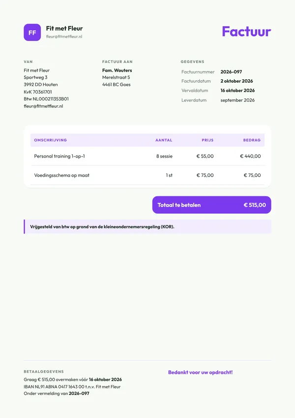 Voorbeeld factuur zonder btw van een personal trainer onder de kleineondernemersregeling (KOR), met de vermelding vrijgesteld van btw