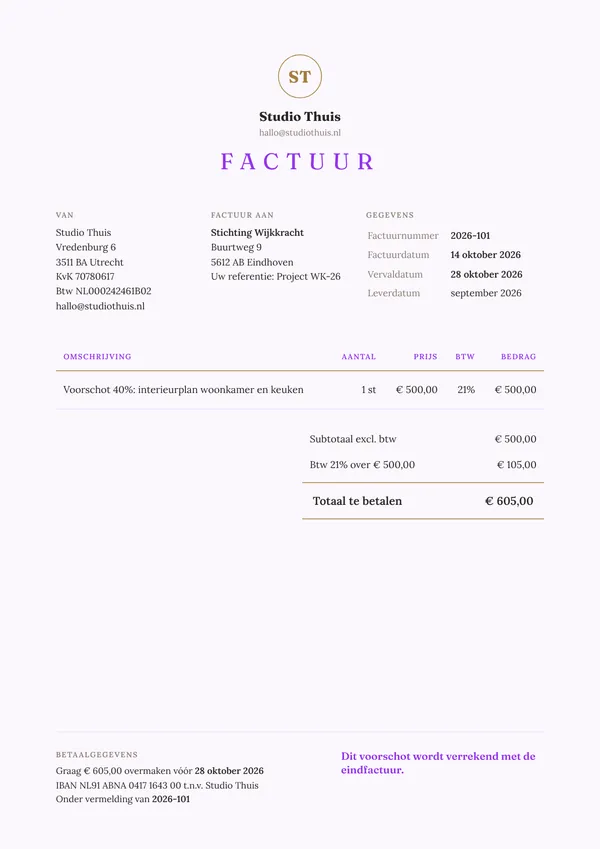 Voorbeeld voorschotfactuur van een interieurstylist voor een aanbetaling op een project, inclusief 21% btw